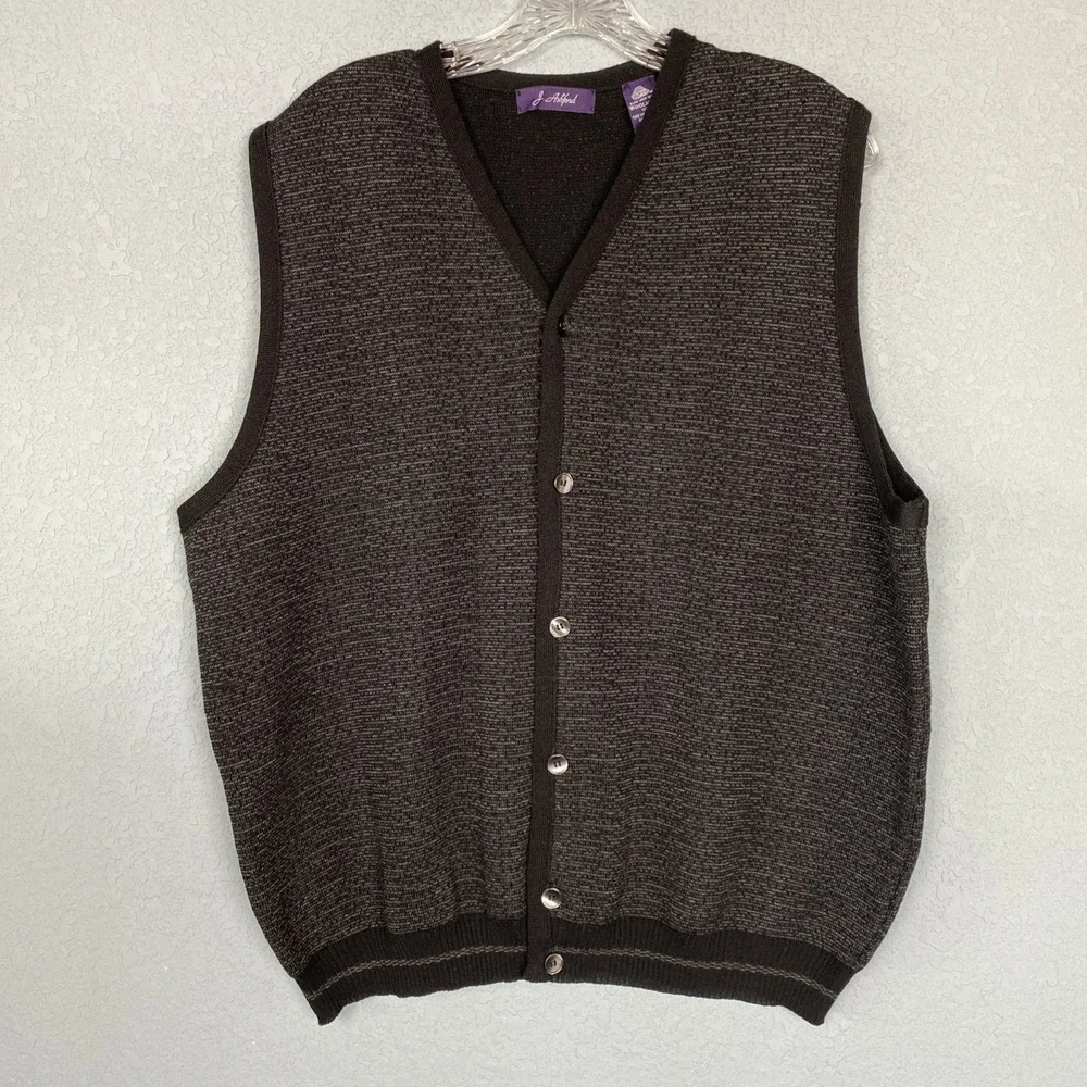 Men's J. Ashford 100% Merino Wool Sweater Vest XL Gray‎ Black Button Up Woolmark